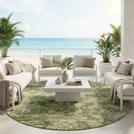 8' Fern Green And Brown Round Geometric Washable Indoor Outdoor Area Rug Photo 1