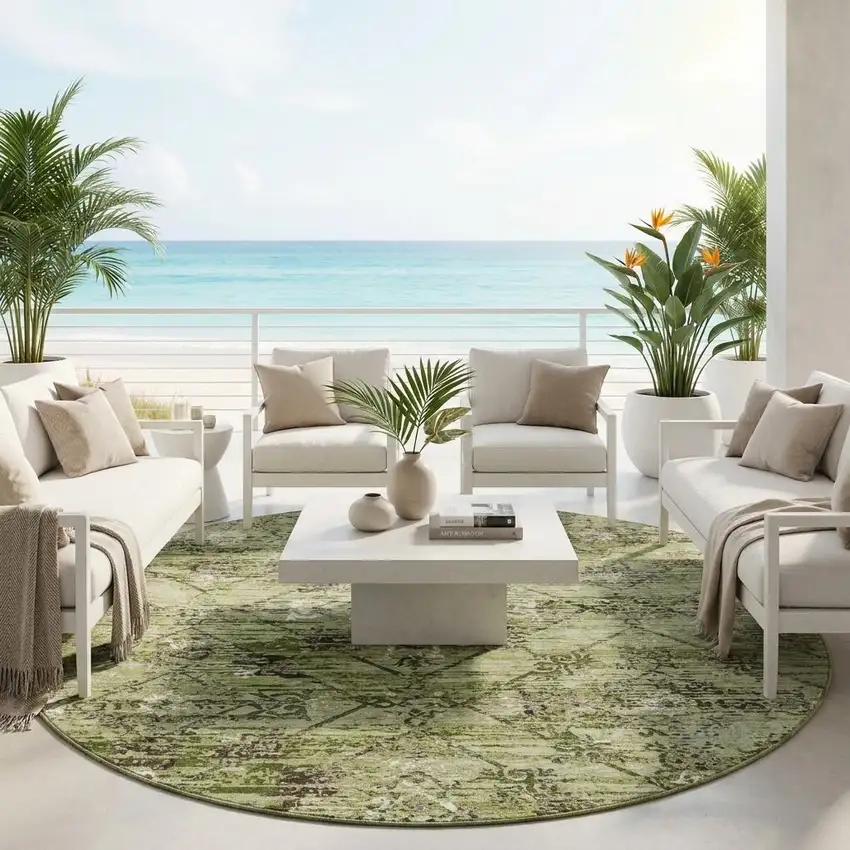 8' Fern Green And Brown Round Geometric Washable Indoor Outdoor Area Rug Photo 1