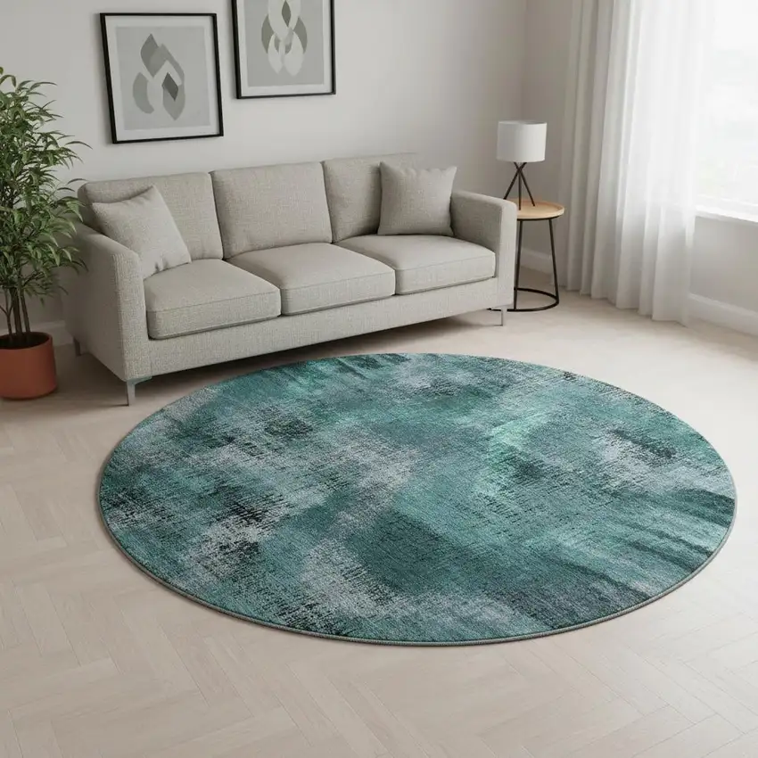 8' Fern Green And Charcoal Abstract Washable Round Rug With UV Protection Photo 2