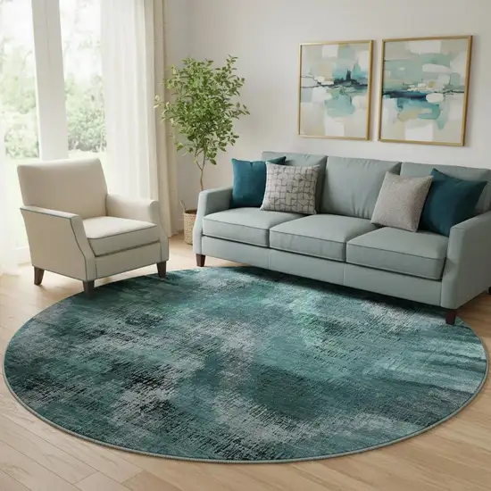 8' Fern Green And Charcoal Abstract Washable Round Rug With UV Protection Photo 1