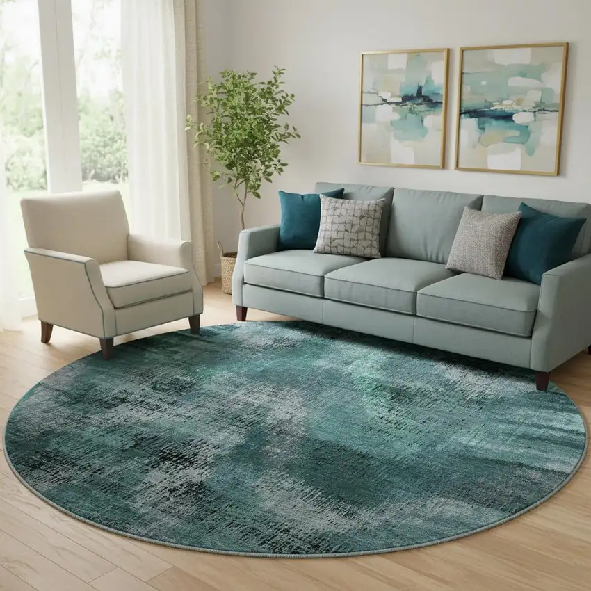 8' Fern Green And Charcoal Abstract Washable Round Rug With UV Protection Photo 1