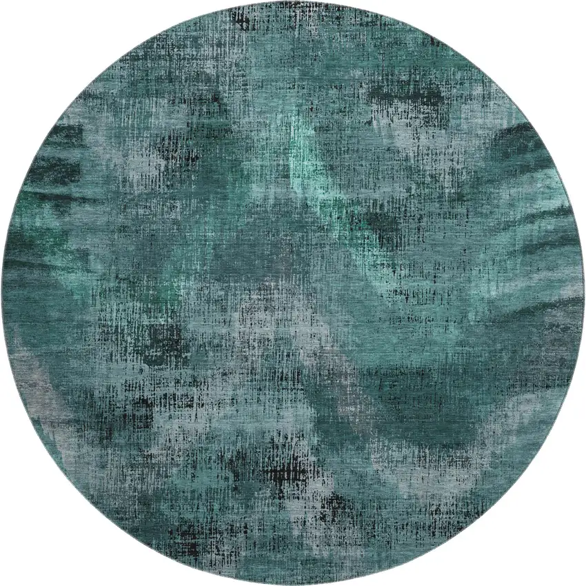 8' Fern Green And Charcoal Abstract Washable Round Rug With UV Protection Photo 1