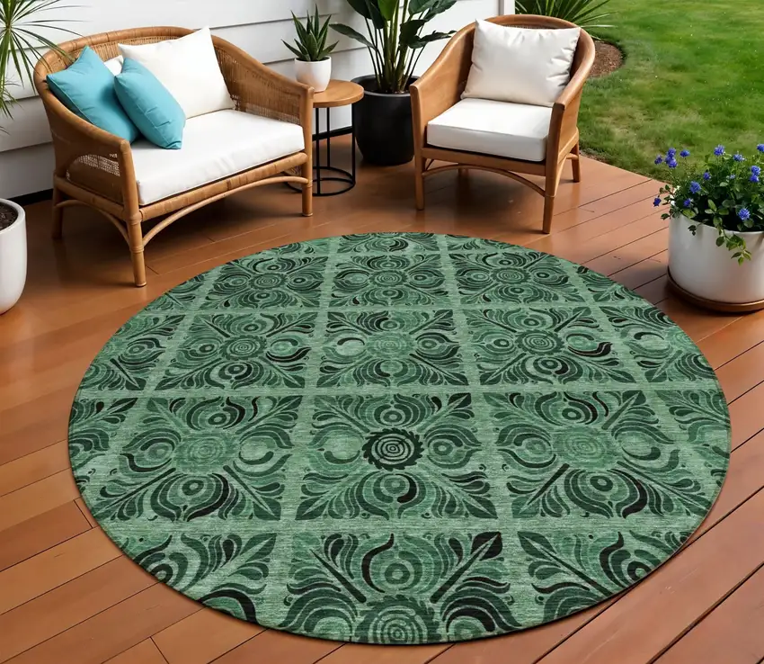 8' Fern Green And Charcoal Round Medallion Washable Indoor Outdoor Area Rug Photo 1