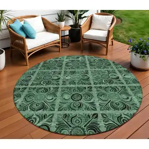 Photo of 8' Fern Green And Charcoal Round Medallion Washable Indoor Outdoor Area Rug