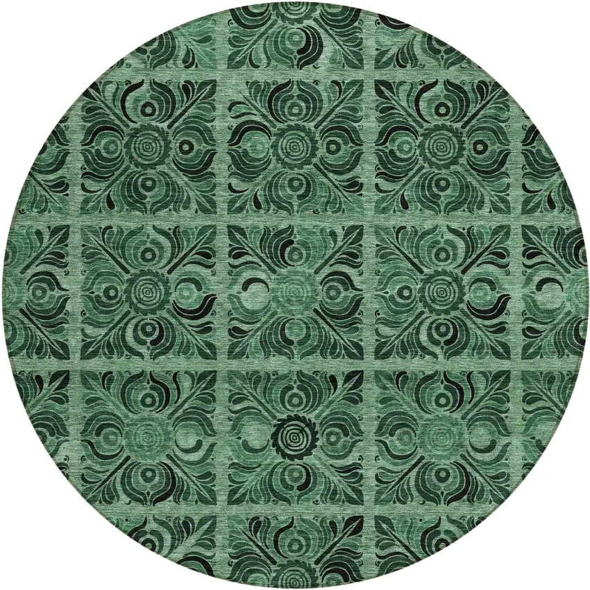 8' Fern Green And Charcoal Round Medallion Washable Indoor Outdoor Area Rug Photo 2