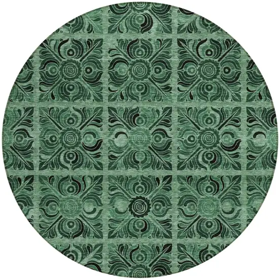 8' Fern Green And Charcoal Round Medallion Washable Indoor Outdoor Area Rug Photo 2