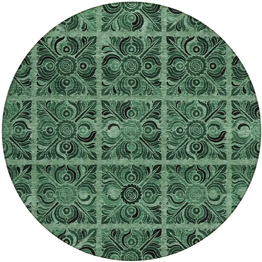 8' Fern Green And Charcoal Round Medallion Washable Indoor Outdoor Area Rug Photo 2