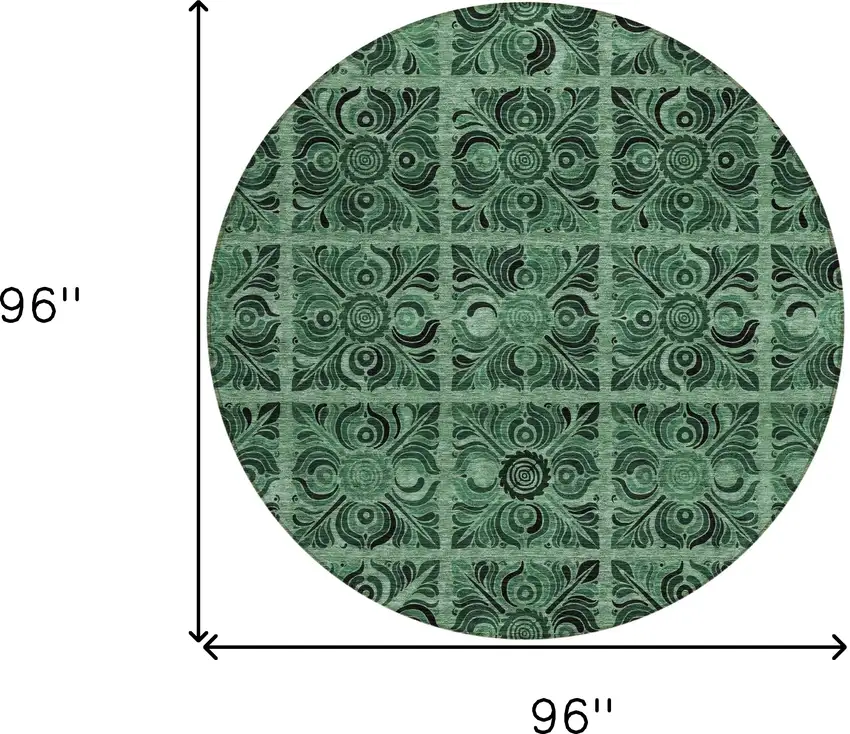 8' Fern Green And Charcoal Round Medallion Washable Indoor Outdoor Area Rug Photo 3