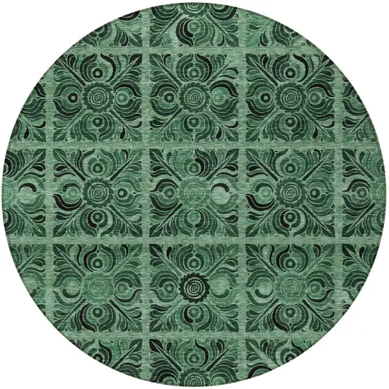8' Fern Green And Charcoal Round Medallion Washable Indoor Outdoor Area Rug Photo 5