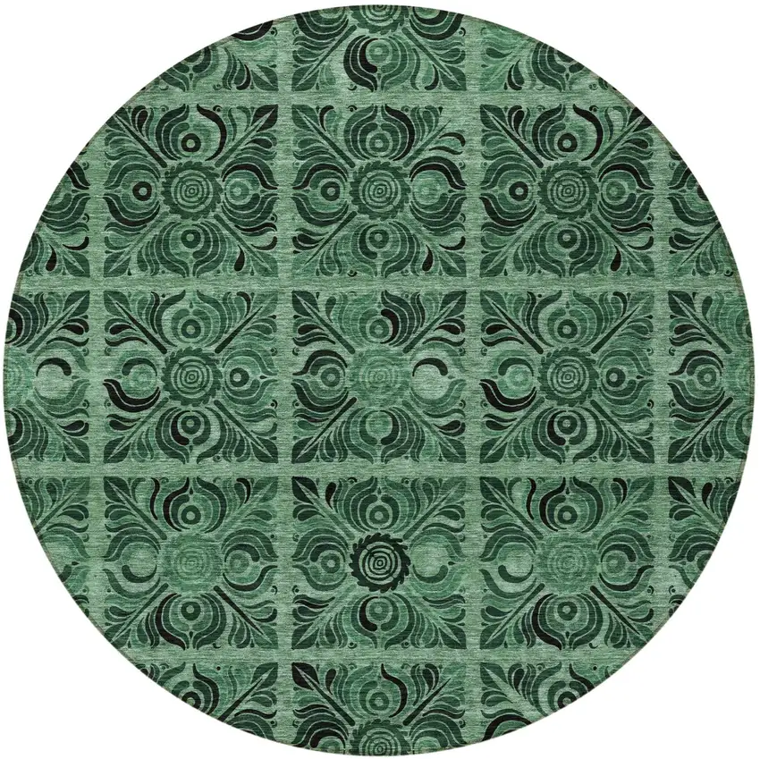 8' Fern Green And Charcoal Round Medallion Washable Indoor Outdoor Area Rug Photo 5