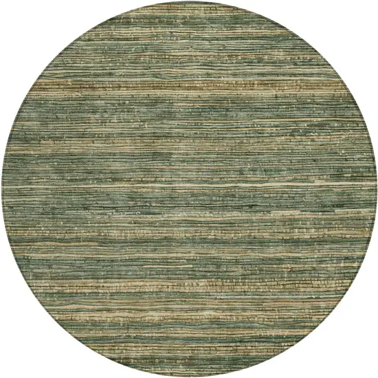 8' Fern Green And Charcoal Round Striped Washable Indoor Outdoor Area Rug Photo 1