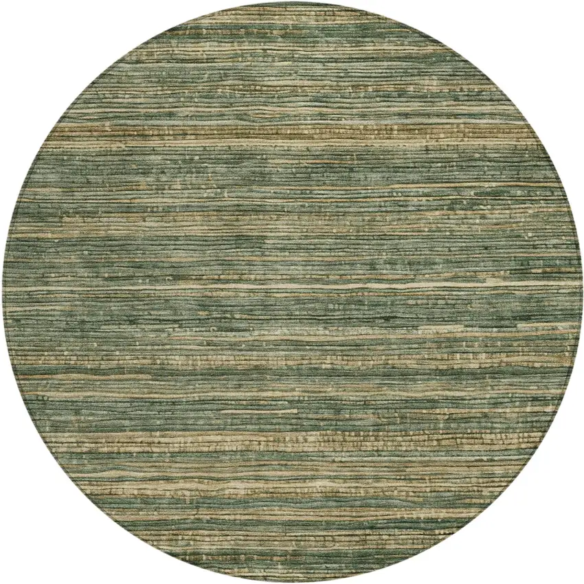 8' Fern Green And Charcoal Round Striped Washable Indoor Outdoor Area Rug Photo 1