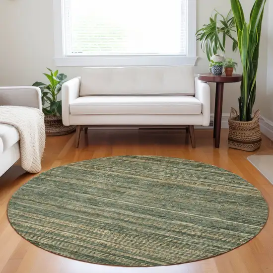 8' Fern Green And Charcoal Round Striped Washable Indoor Outdoor Area Rug Photo 7