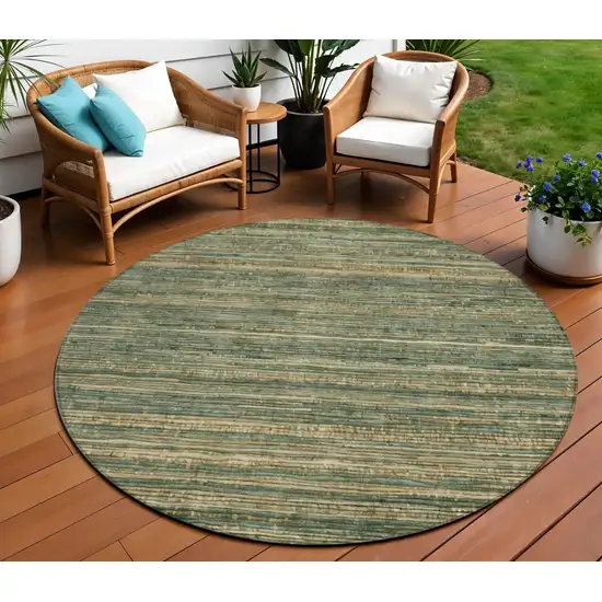 8' Fern Green And Charcoal Round Striped Washable Indoor Outdoor Area Rug Photo 2