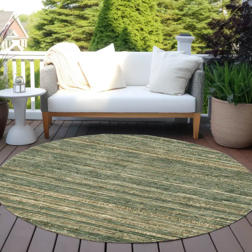 8' Fern Green And Charcoal Round Striped Washable Indoor Outdoor Area Rug Photo 6