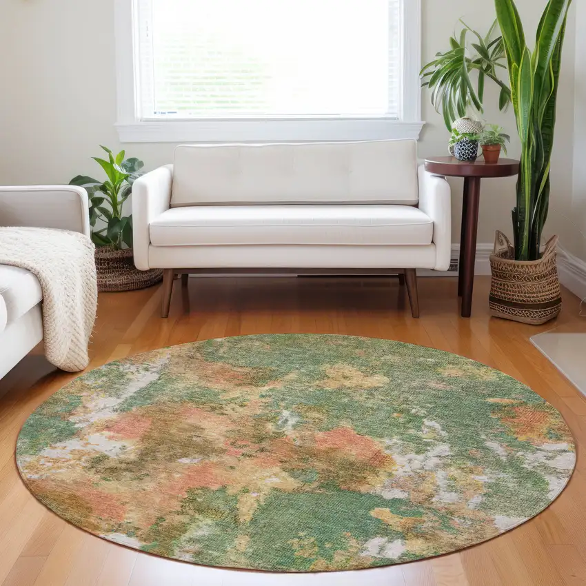 8' Fern Green And Copper Round Abstract Washable Indoor Outdoor Area Rug Photo 7