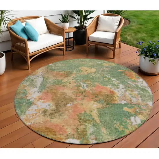 8' Fern Green And Copper Round Abstract Washable Indoor Outdoor Area Rug Photo 2