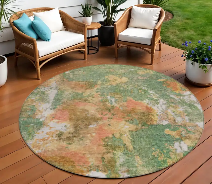 8' Fern Green And Copper Round Abstract Washable Indoor Outdoor Area Rug Photo 2