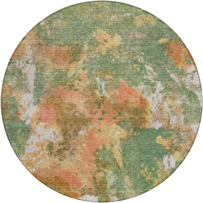 8' Fern Green And Copper Round Abstract Washable Indoor Outdoor Area Rug Photo 1