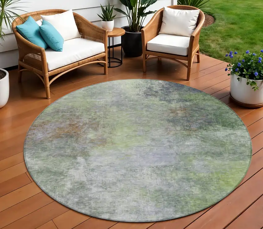 8' Fern Green And Copper Round Abstract Washable Indoor Outdoor Area Rug Photo 2