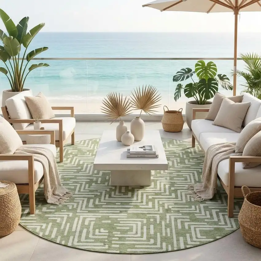 8' Fern Green And Copper Round Geometric Washable Indoor Outdoor Area Rug Photo 1