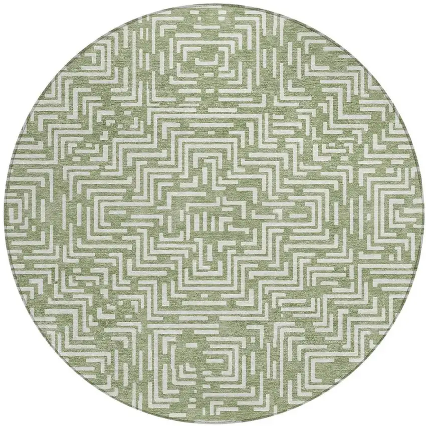 8' Fern Green And Copper Round Geometric Washable Indoor Outdoor Area Rug Photo 5