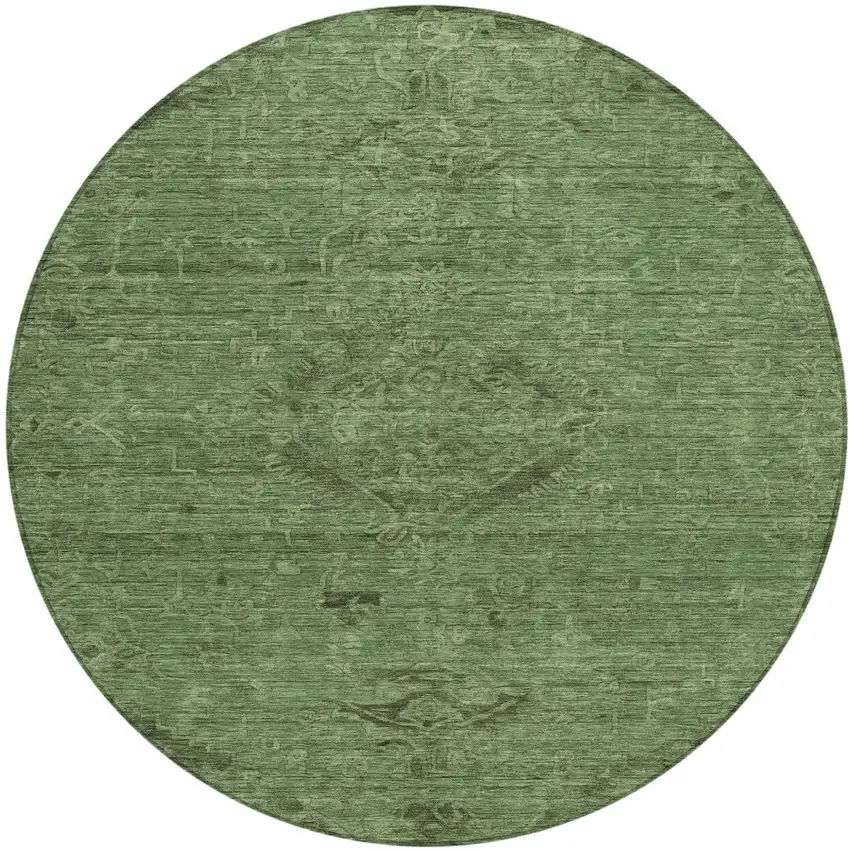 8' Fern Green And Dark Green Round Floral Washable Indoor Outdoor Area Rug Photo 2