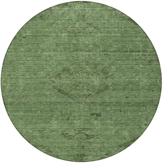 8' Fern Green And Dark Green Round Floral Washable Indoor Outdoor Area Rug Photo 6
