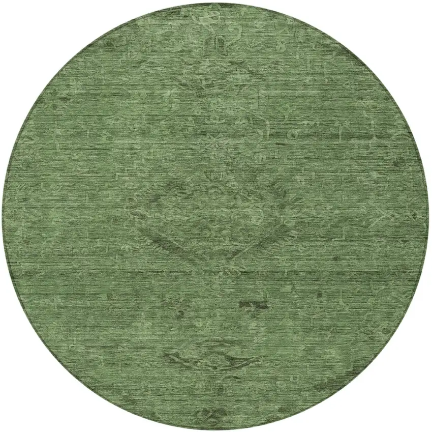 8' Fern Green And Dark Green Round Floral Washable Indoor Outdoor Area Rug Photo 6