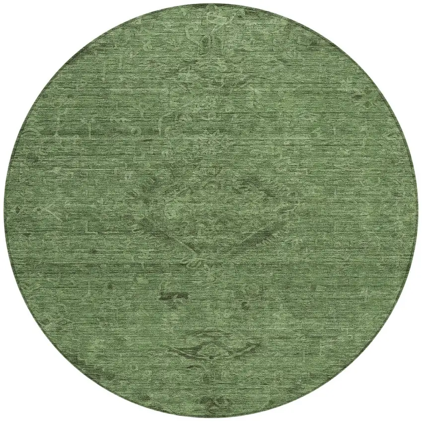 8' Fern Green And Dark Green Round Floral Washable Indoor Outdoor Area Rug Photo 5