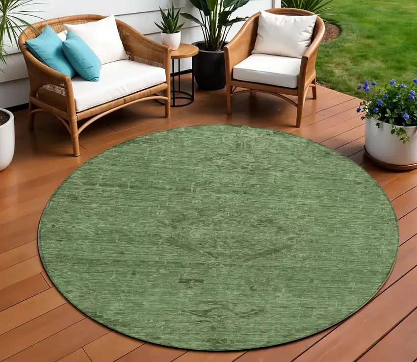 8' Fern Green And Dark Green Round Floral Washable Indoor Outdoor Area Rug Photo 1