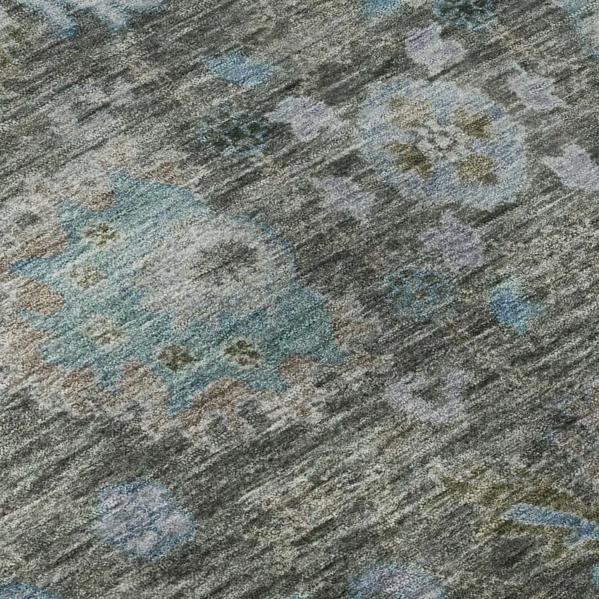 8' Fern Green And Denim Blue Oriental Washable Round Rug With UV Protection Photo 7