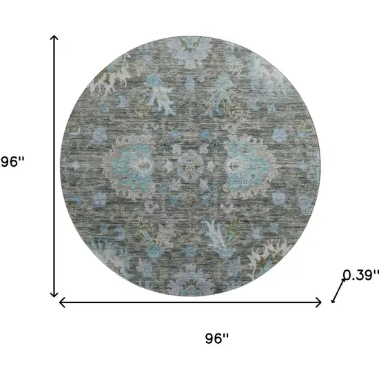 8' Fern Green And Denim Blue Oriental Washable Round Rug With UV Protection Photo 8