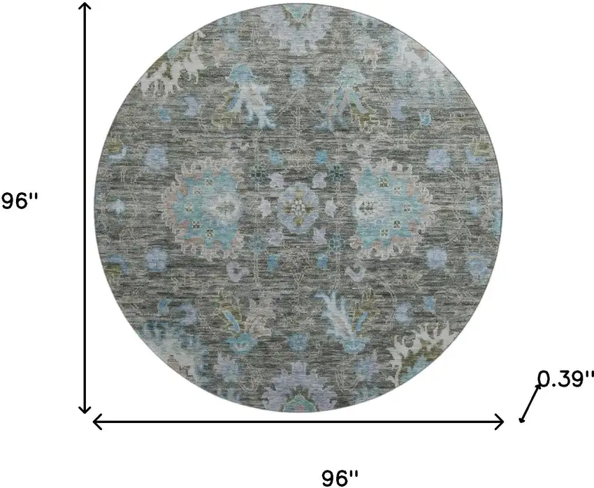 8' Fern Green And Denim Blue Oriental Washable Round Rug With UV Protection Photo 8