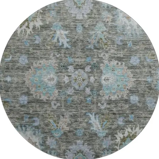 8' Fern Green And Denim Blue Oriental Washable Round Rug With UV Protection Photo 4