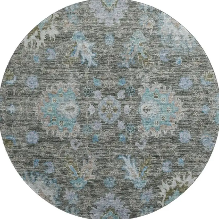 8' Fern Green And Denim Blue Oriental Washable Round Rug With UV Protection Photo 4