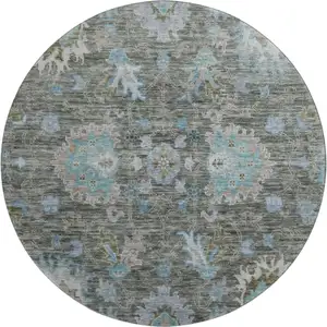 Photo of 8' Fern Green And Denim Blue Oriental Washable Round Rug With UV Protection