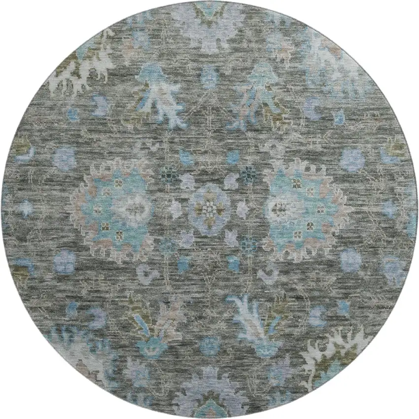 8' Fern Green And Denim Blue Oriental Washable Round Rug With UV Protection Photo 1