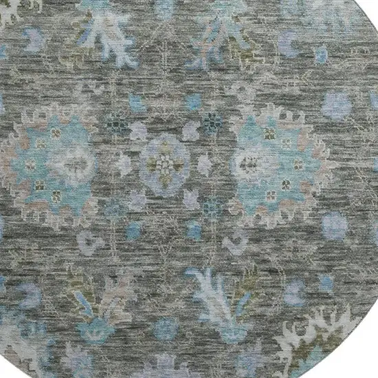 8' Fern Green And Denim Blue Oriental Washable Round Rug With UV Protection Photo 3