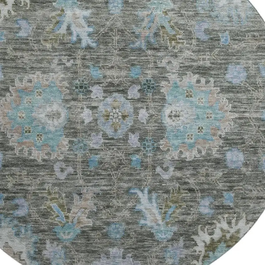 8' Fern Green And Denim Blue Oriental Washable Round Rug With UV Protection Photo 3