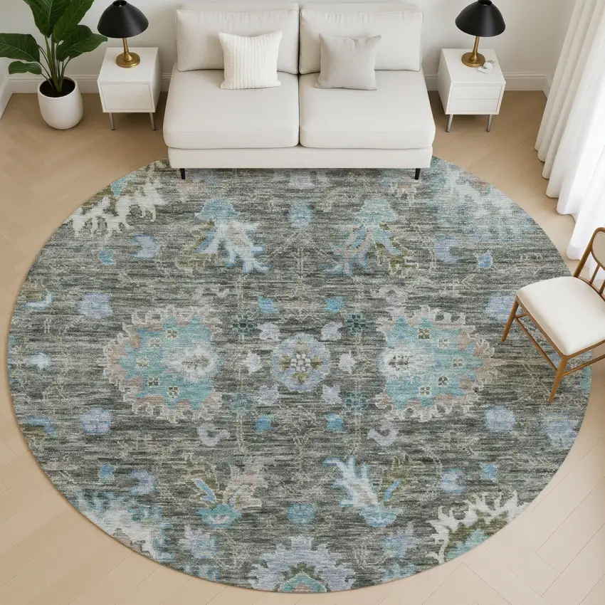 8' Fern Green And Denim Blue Oriental Washable Round Rug With UV Protection Photo 5