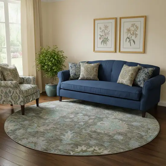 8' Fern Green And Denim Blue Oriental Washable Round Rug With UV Protection Photo 2