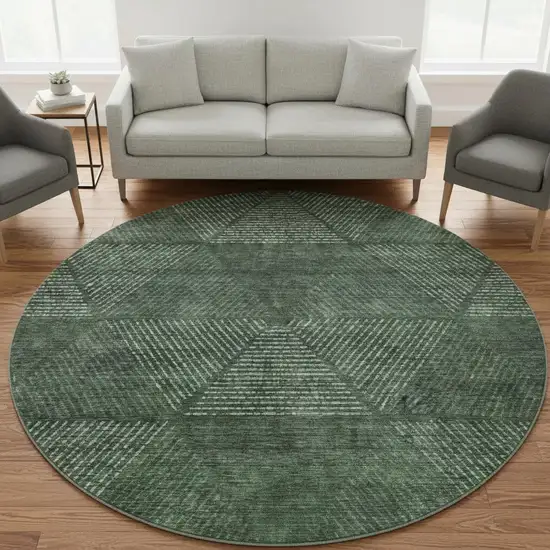 8' Fern Green And Emerald Geometric Washable Round Rug With UV Protection Photo 2