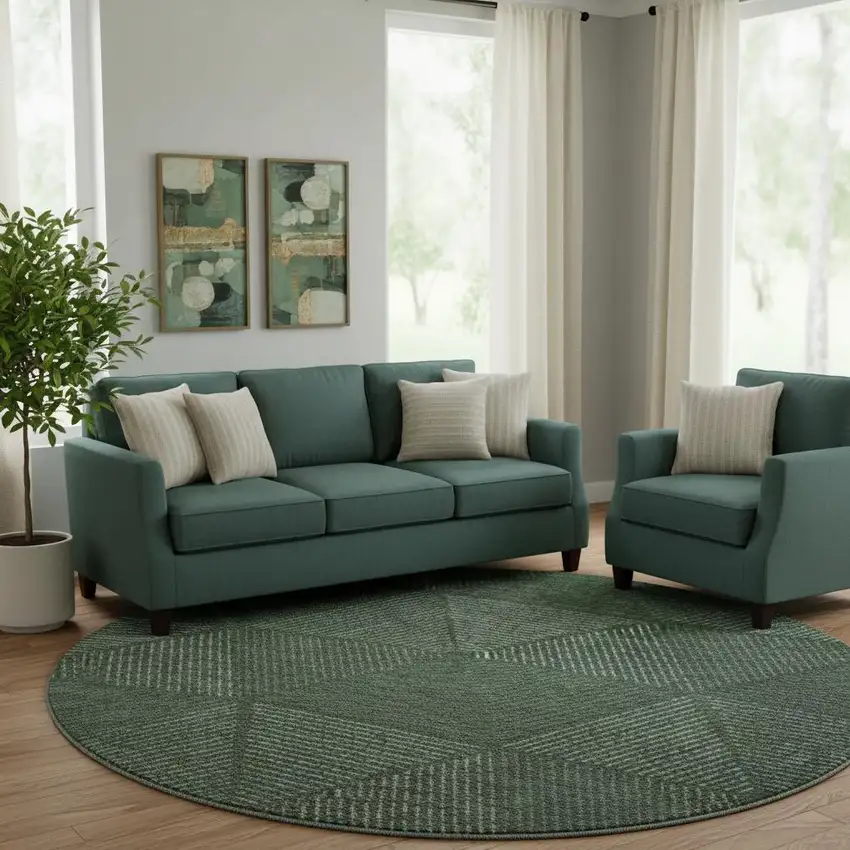 8' Fern Green And Emerald Geometric Washable Round Rug With UV Protection Photo 1