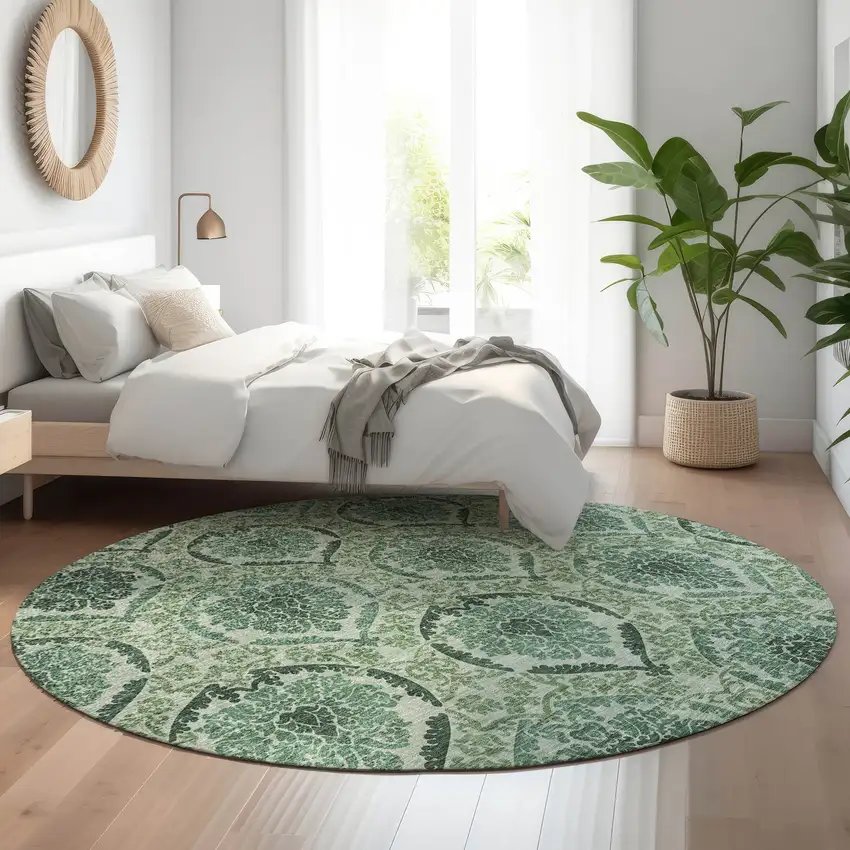 8' Fern Green And Emerald Medallion Washable Round Rug With UV Protection Photo 4