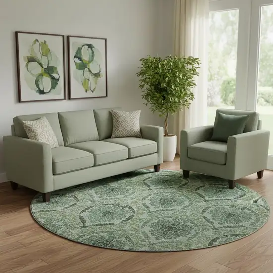 8' Fern Green And Emerald Medallion Washable Round Rug With UV Protection Photo 1