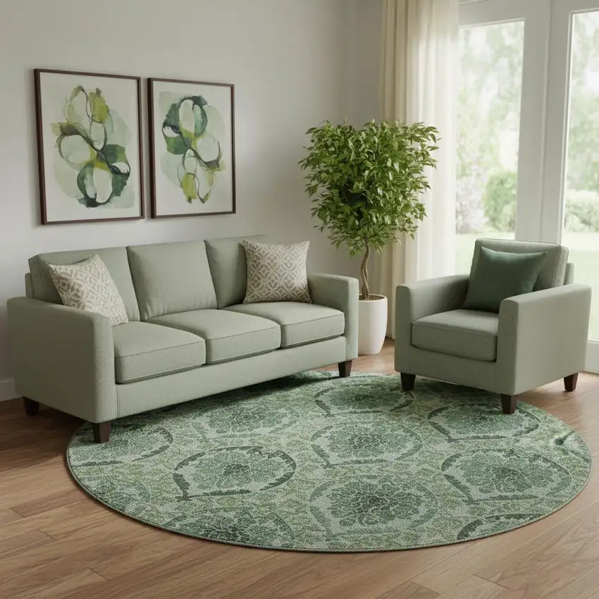 8' Fern Green And Emerald Medallion Washable Round Rug With UV Protection Photo 1