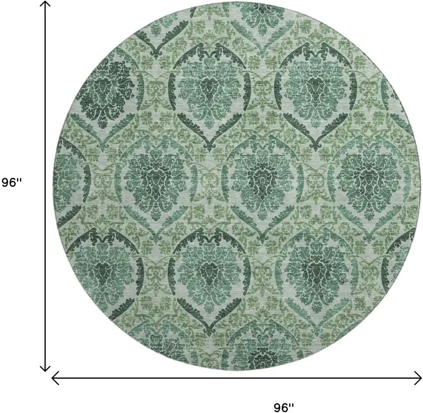 8' Fern Green And Emerald Medallion Washable Round Rug With UV Protection Photo 9