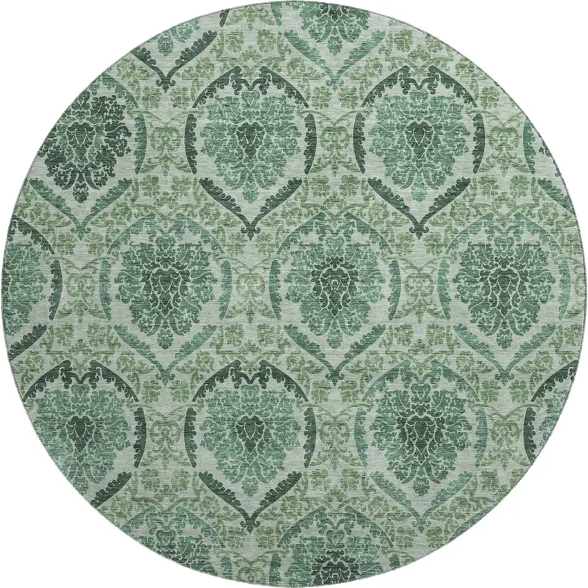 8' Fern Green And Emerald Medallion Washable Round Rug With UV Protection Photo 1