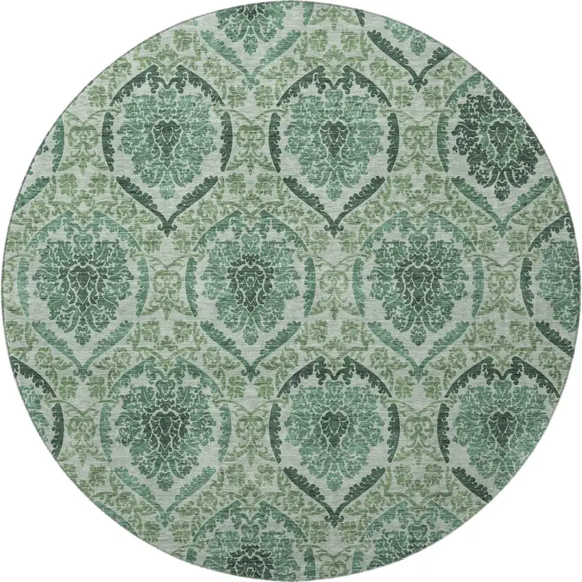 8' Fern Green And Emerald Medallion Washable Round Rug With UV Protection Photo 3